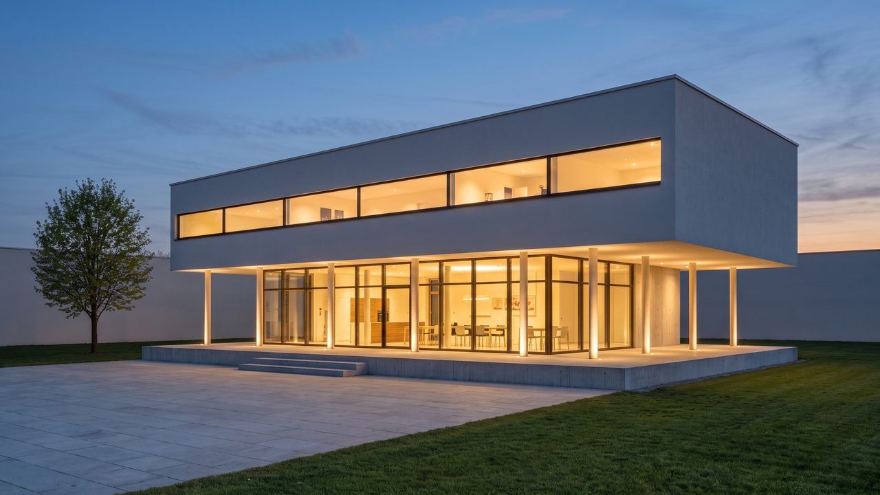 Sample render of the same pavilion at dusk with warm interior light