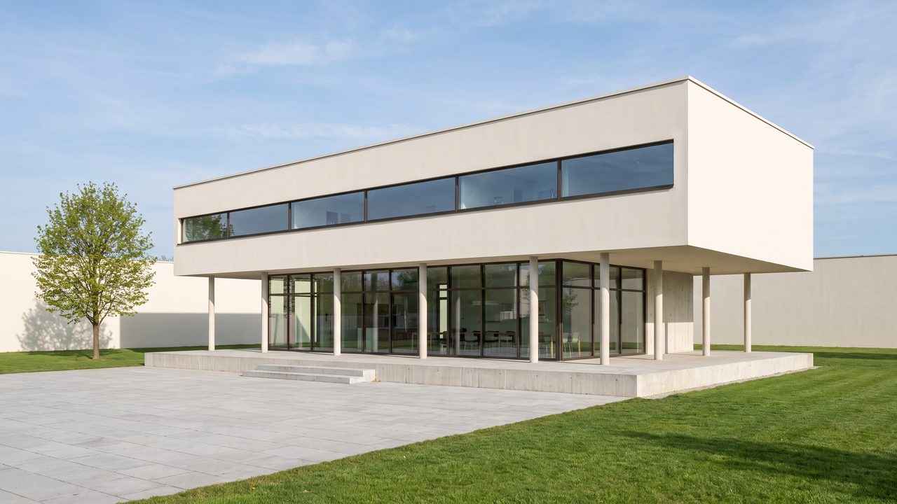 Sample photoreal render of the same pavilion in daylight, white upper volume, glazed ground floor, a tree at the left