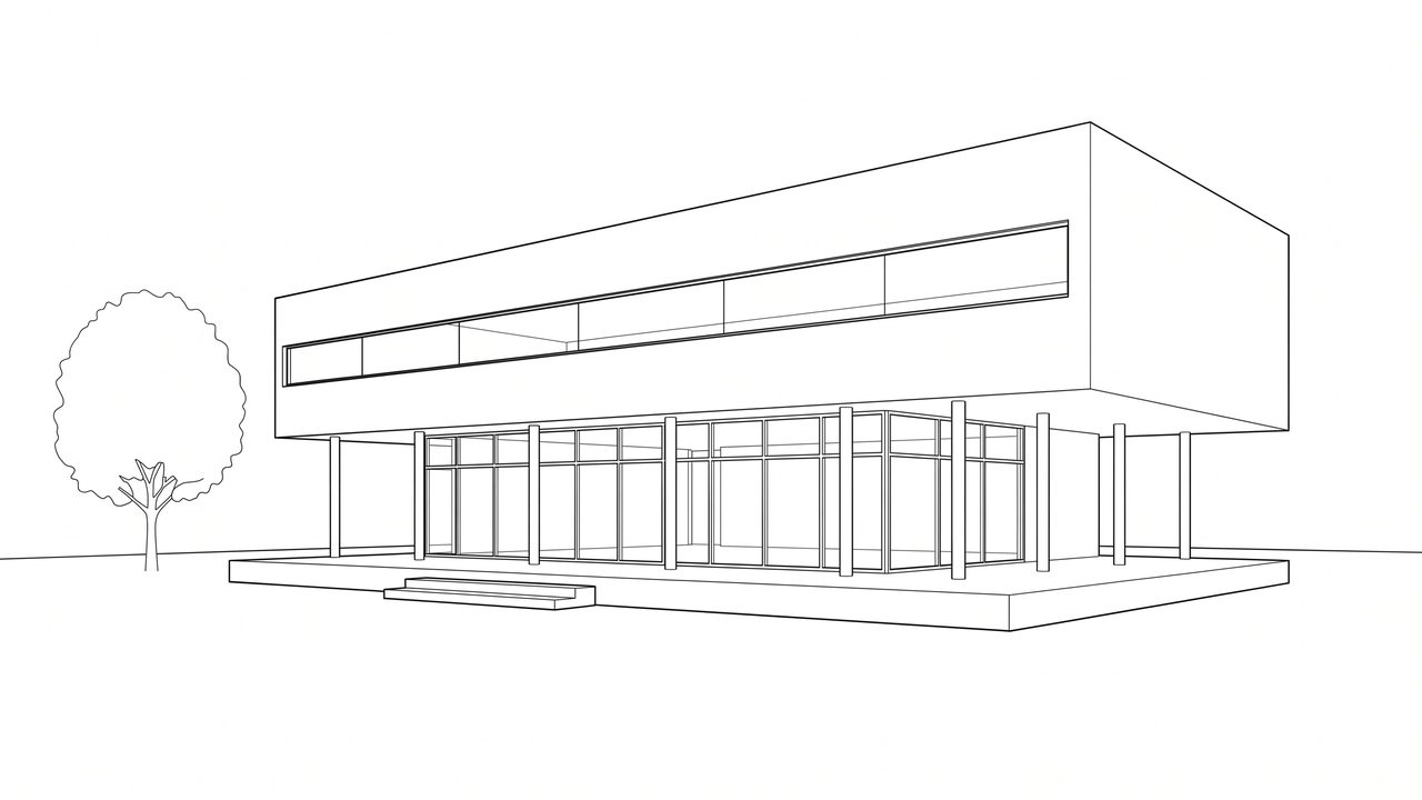 Sample line sketch of a modern pavilion raised on columns, with a round tree at the left
