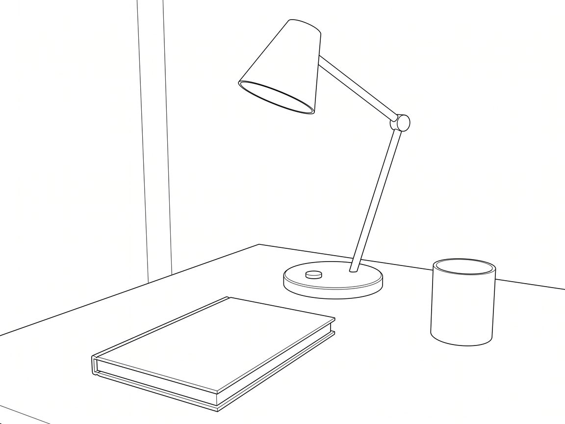 Sample line sketch of a desk lamp, a notebook and a cup